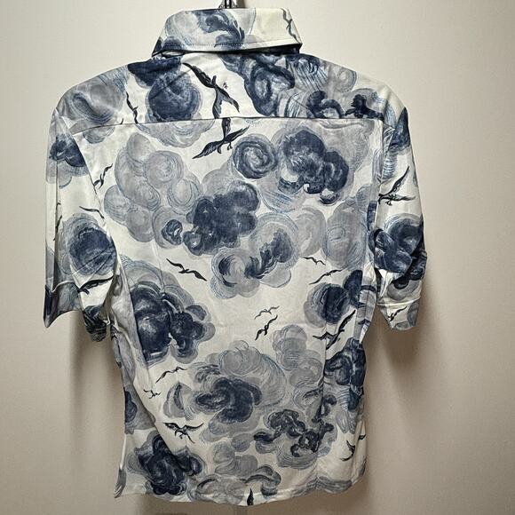 Vtg 70s Antron Nylon Short Sleeve Men's Shirt Blue White Cloud Bird Print Size M - Picture 2 of 8